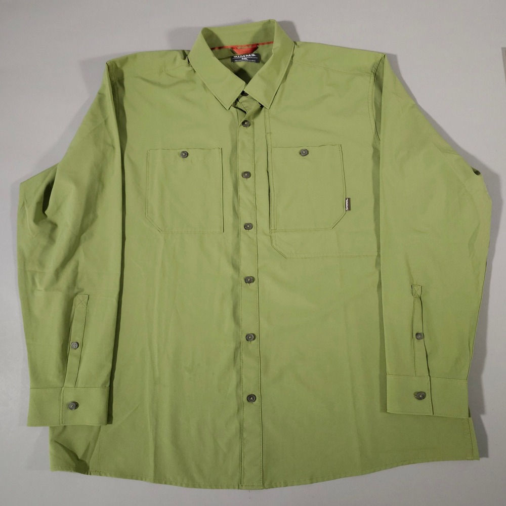 Simms Fishing Shirt Mens XXL Green Long Sleeve Button Up Polyester‎ Pockets